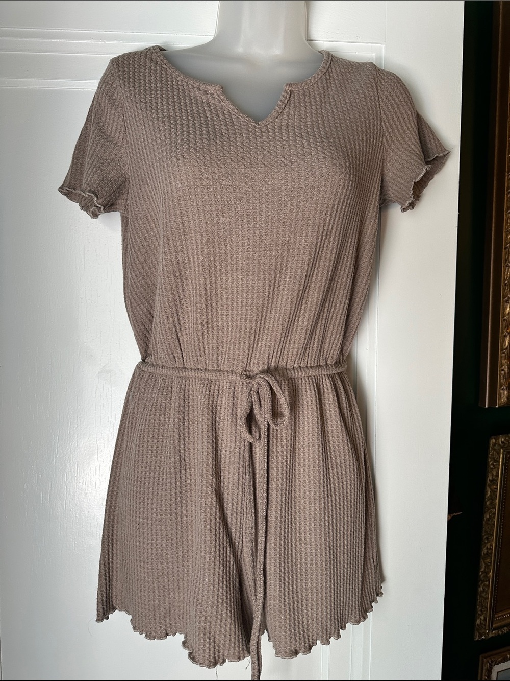 Waffle Knit Short Sleeve Romper in Taupe